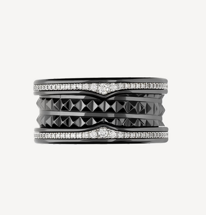 [CA]ZERO 1 ROCK FOUR-BAND BLACK CERAMIC WITH STUDDED SPIRAL AND PAVED DIAMONDS RING