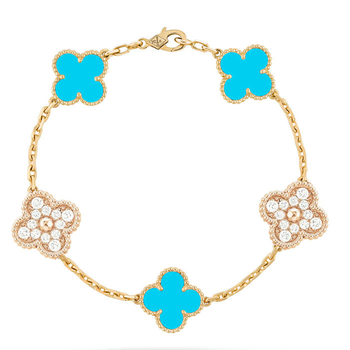 [CA]CLOVER 5 MOTIF TURQUOISE DIAMOND GOLD BRACELET