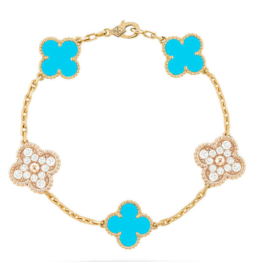 [CA]CLOVER 5 MOTIF TURQUOISE DIAMOND GOLD BRACELET