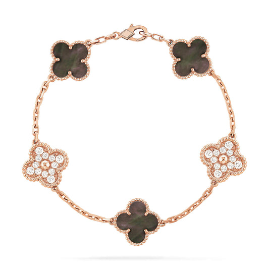 [CA]CLOVER 5 MOTIFS DARK MOP AND DIAMONDS PINK GOLD BRACELET