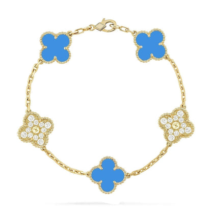 [CA]CLOVER 5 MOTIF BLUE CHALCEDONY DIAMOND GOLD BRACELET