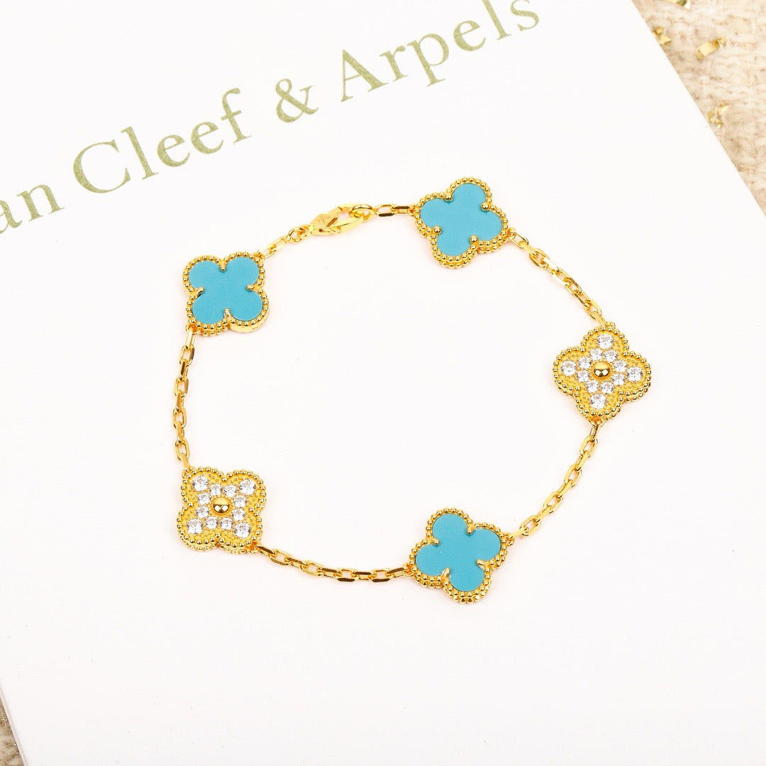 [CA]CLOVER 5 MOTIF TURQUOISE DIAMOND GOLD BRACELET