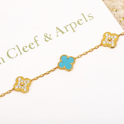 [CA]CLOVER 5 MOTIF TURQUOISE DIAMOND GOLD BRACELET