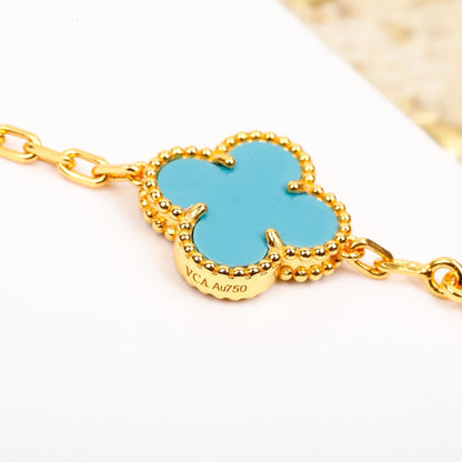 [CA]CLOVER 5 MOTIF TURQUOISE DIAMOND GOLD BRACELET