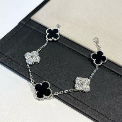 [CA]CLOVER 5 MOTIF ONYXS DIAMOND BRACELET SILVER