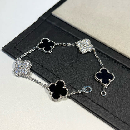 [CA]CLOVER 5 MOTIF ONYXS DIAMOND BRACELET SILVER