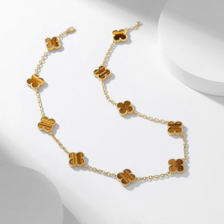 [CA]CLOVER 10 MOTIFS TIGER EYE NECKLACE