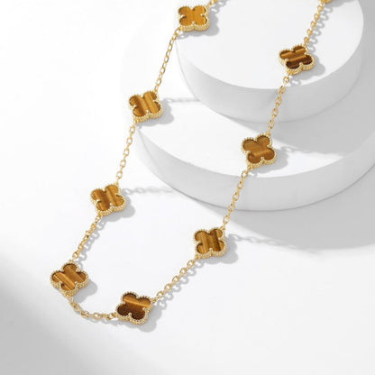 [CA]CLOVER 10 MOTIFS TIGER EYE NECKLACE