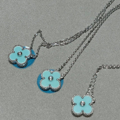 [CA]CLOVER 1 DIAMOND LIGHT BLUE SILVER NECKLACE