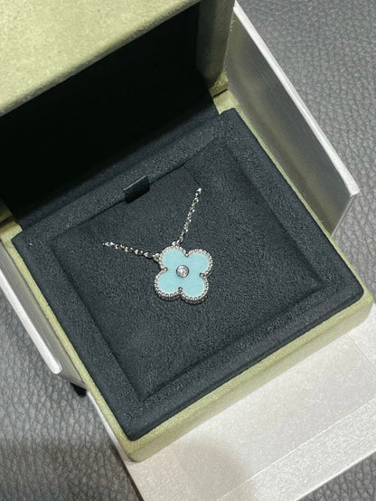 [CA]CLOVER 1 DIAMOND LIGHT BLUE SILVER NECKLACE