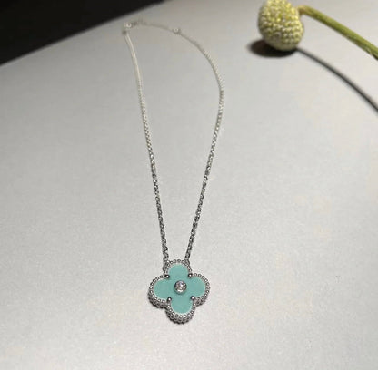 [CA]CLOVER 1 DIAMOND LIGHT BLUE SILVER NECKLACE