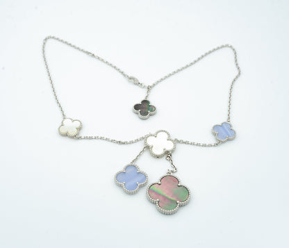 [CA]CLOVER MOP CHALCEDONY NECKLACE SILVER 6 MOTIF