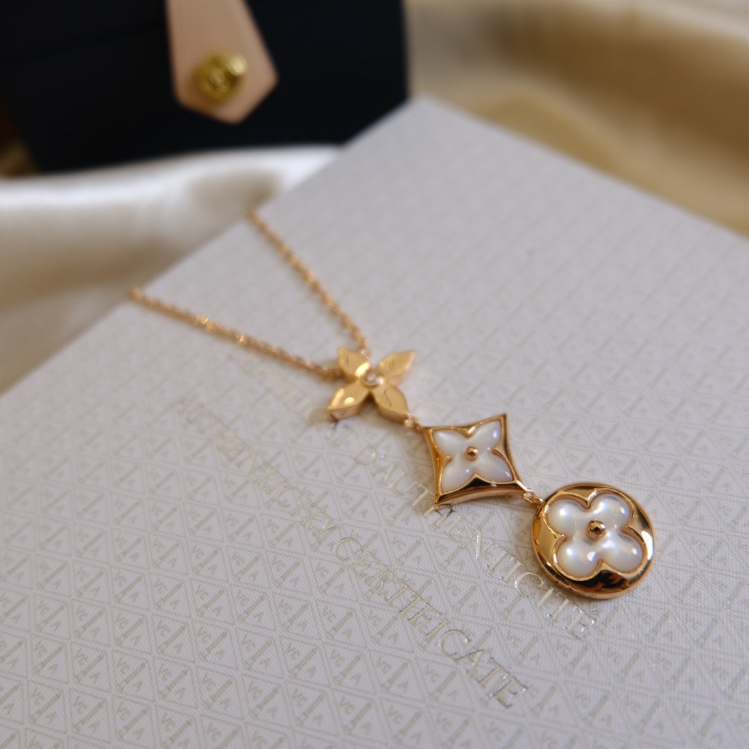 [CA]COLOR BLOSSOM LARIAT NECKLACE PINK GOLD WHITE MOTHER PEARL AND DIAMOND