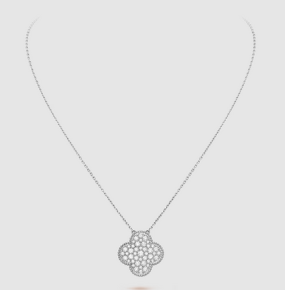 [CA]CLOVER 25MM LARGE PENDANT DIAMOND PAVED SILVER NECKLACE