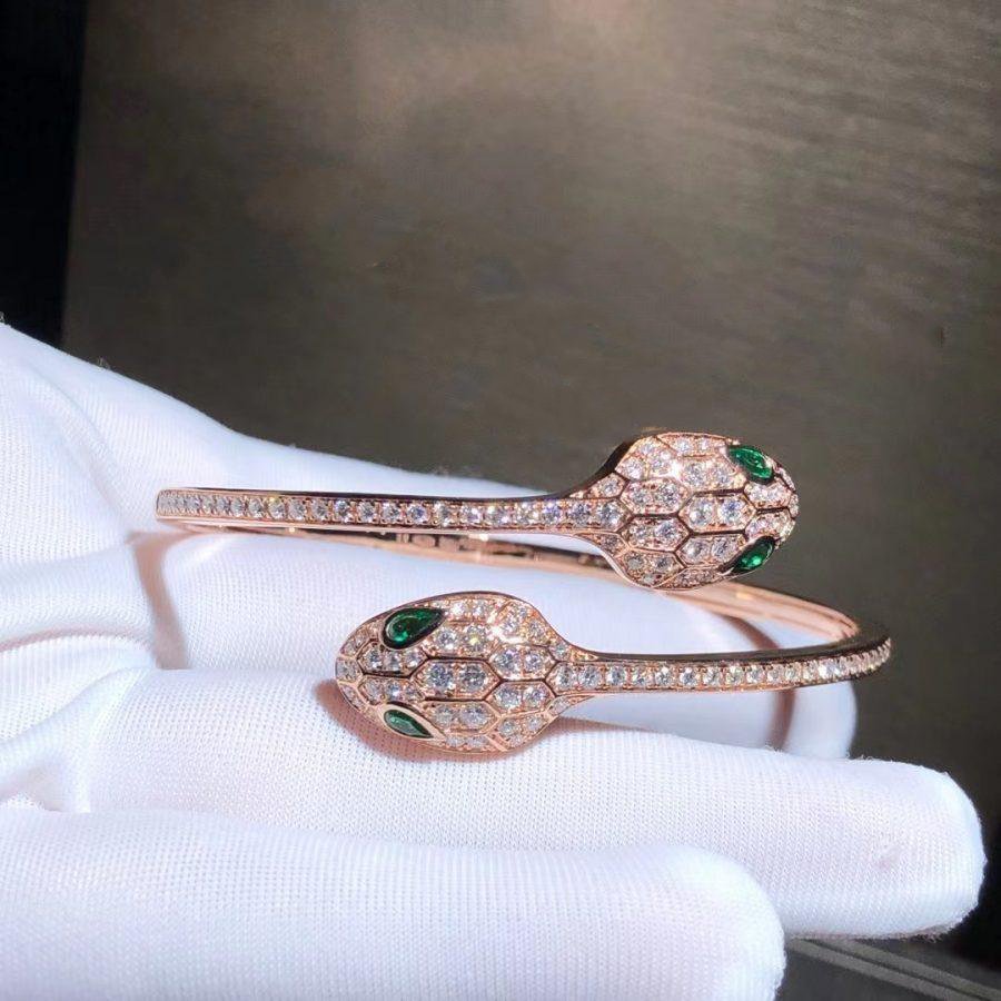 [CA]SERPENTI BRACELET PINK GOLD MALACHITE DIAMOND DOUBLE SNAKE