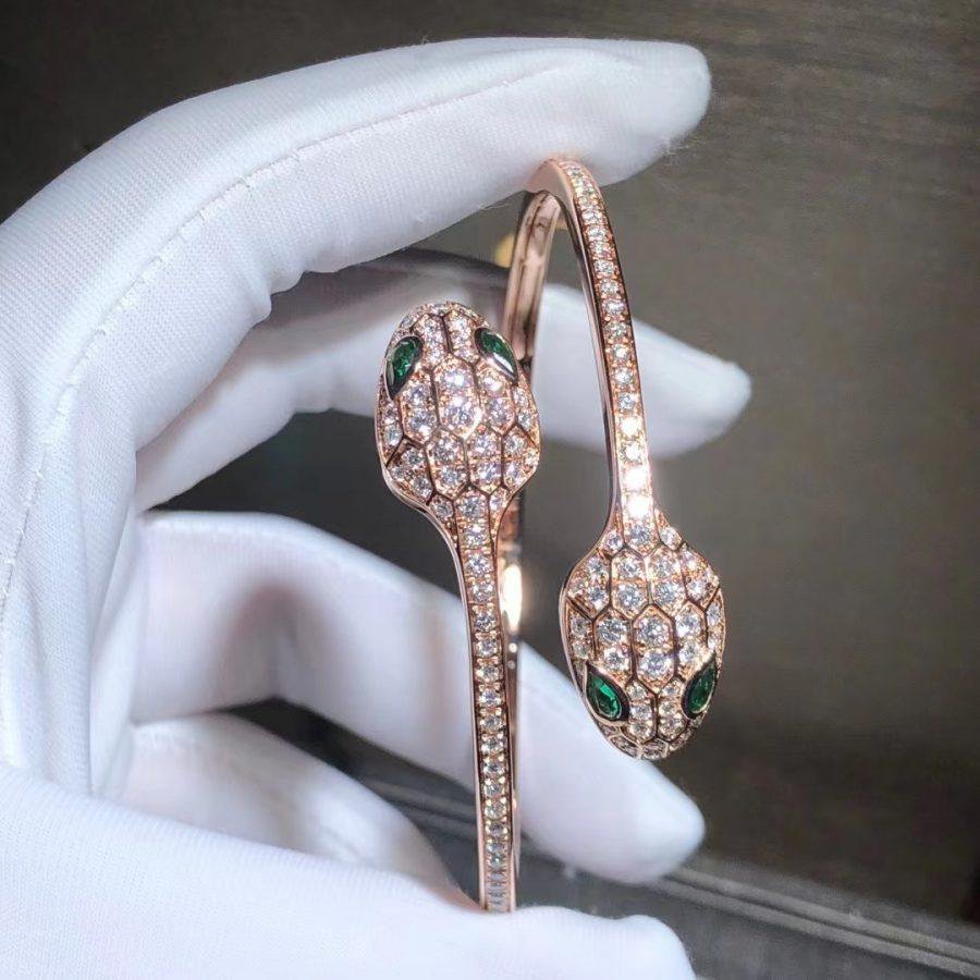 [CA]SERPENTI BRACELET PINK GOLD MALACHITE DIAMOND DOUBLE SNAKE