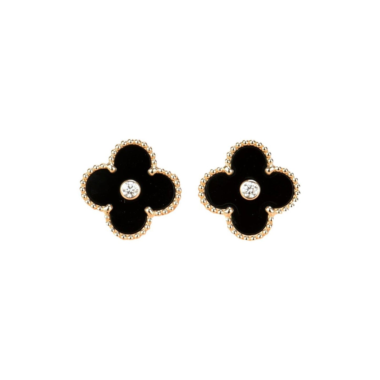 [CA]CLOVER MEDIUM 1 MOTIFS ONYX DIAMOND EARRINGS