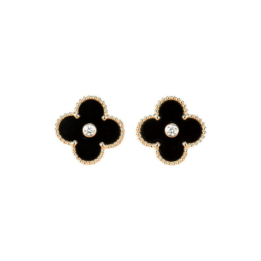 [CA]CLOVER MEDIUM 1 MOTIFS ONYX DIAMOND EARRINGS