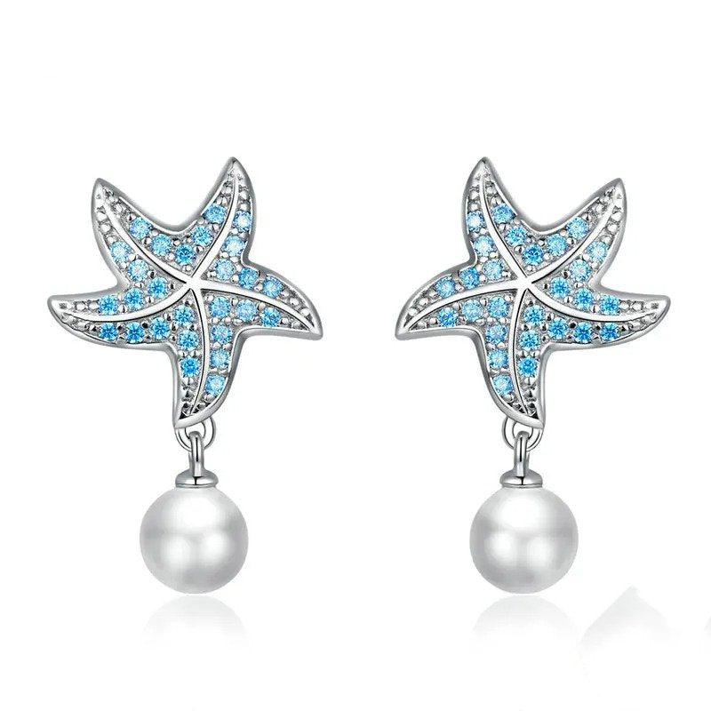 Ocean Blue Zircon Starfish Stud Earrings Shell Pearl Drop Earrings