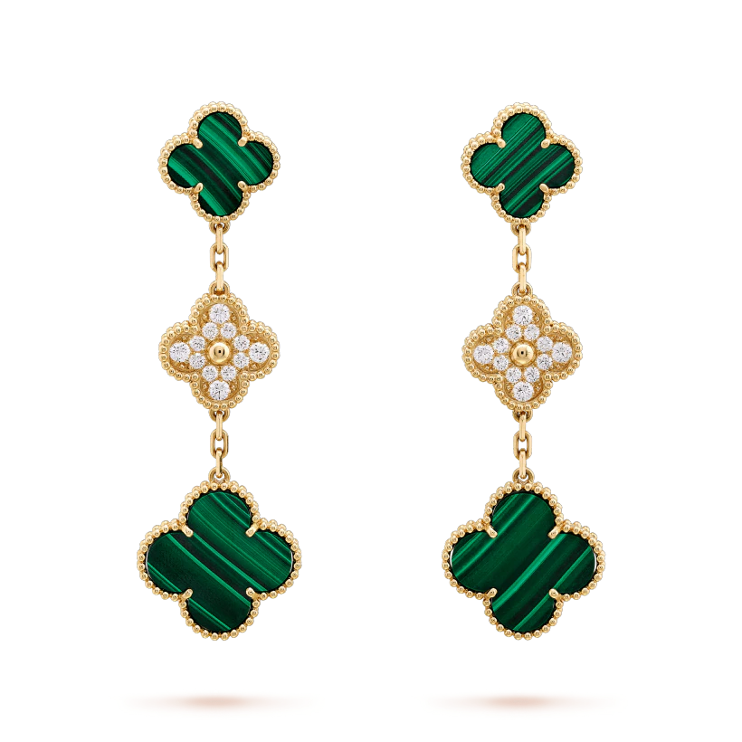 [CA]CLOVER EARRINGS GOLD MALACHITE DIAMOND 3 MOTIF