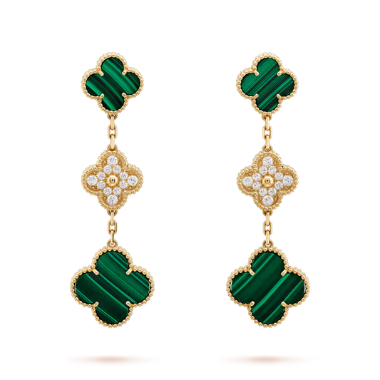 [CA]CLOVER EARRINGS GOLD MALACHITE DIAMOND 3 MOTIF