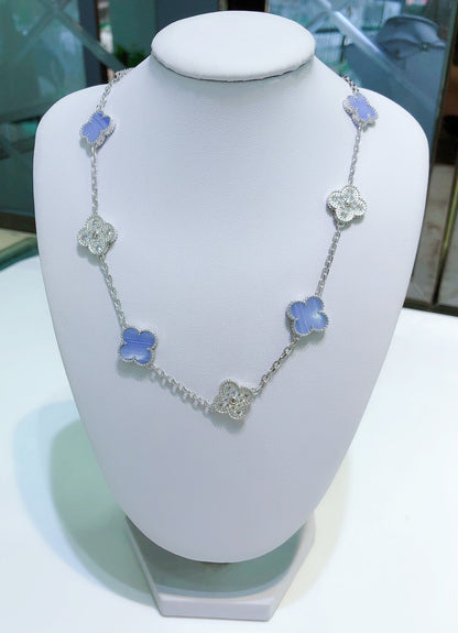 [CA]CLOVER 10 MOTIFS CHALCEDONY DIAMONDS SILVER NECKLACE