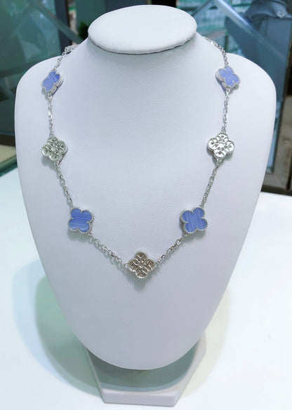 [CA]CLOVER 10 MOTIFS CHALCEDONY DIAMONDS SILVER NECKLACE