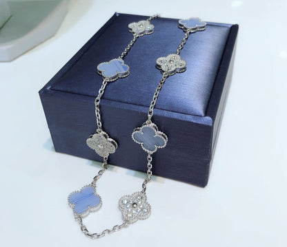 [CA]CLOVER 10 MOTIFS CHALCEDONY DIAMONDS SILVER NECKLACE