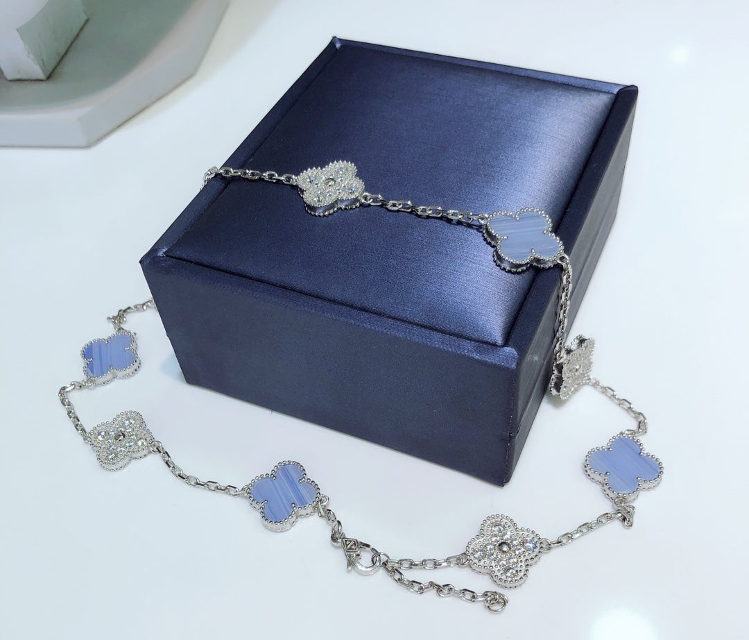 [CA]CLOVER 10 MOTIFS CHALCEDONY DIAMONDS SILVER NECKLACE