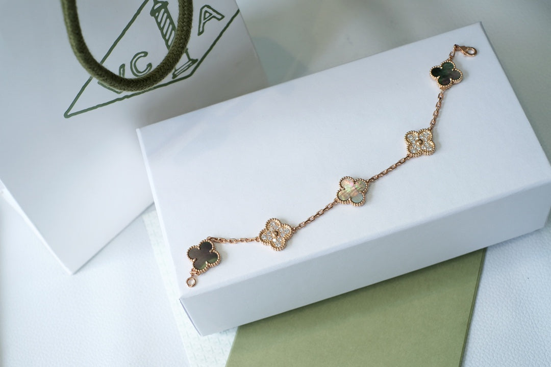 [CA]CLOVER 5 MOTIFS DARK MOP AND DIAMONDS PINK GOLD BRACELET