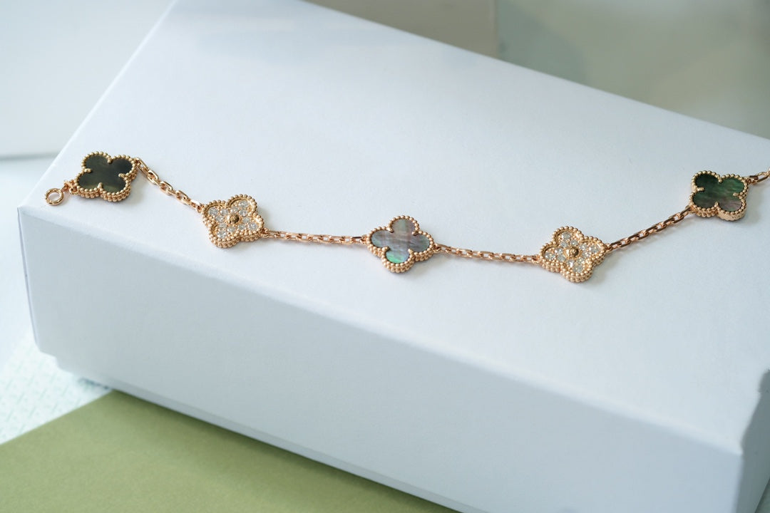 [CA]CLOVER 5 MOTIFS DARK MOP AND DIAMONDS PINK GOLD BRACELET