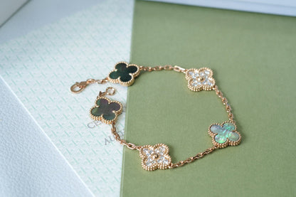 [CA]CLOVER 5 MOTIFS DARK MOP AND DIAMONDS PINK GOLD BRACELET