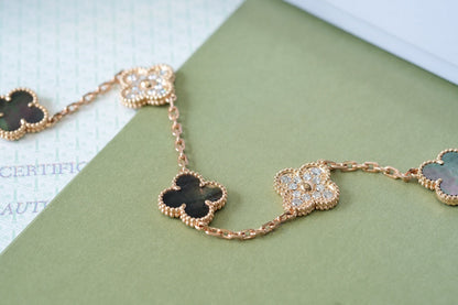 [CA]CLOVER 5 MOTIFS DARK MOP AND DIAMONDS PINK GOLD BRACELET