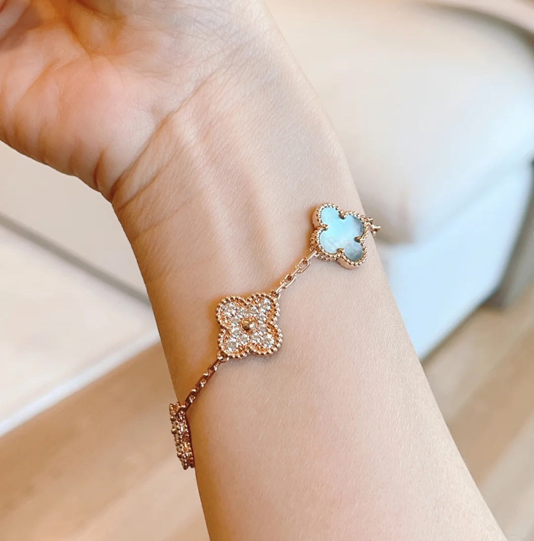 [CA]CLOVER 5 MOTIFS DARK MOP AND DIAMONDS PINK GOLD BRACELET