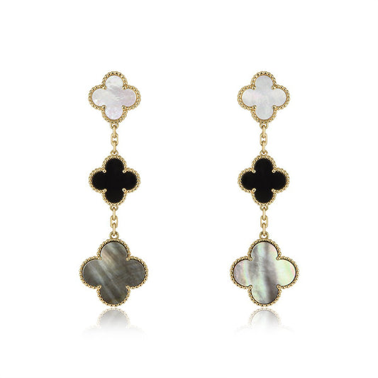 [CA]CLOVER EARRINGS GOLD ONYX MOP 3 MOTIF